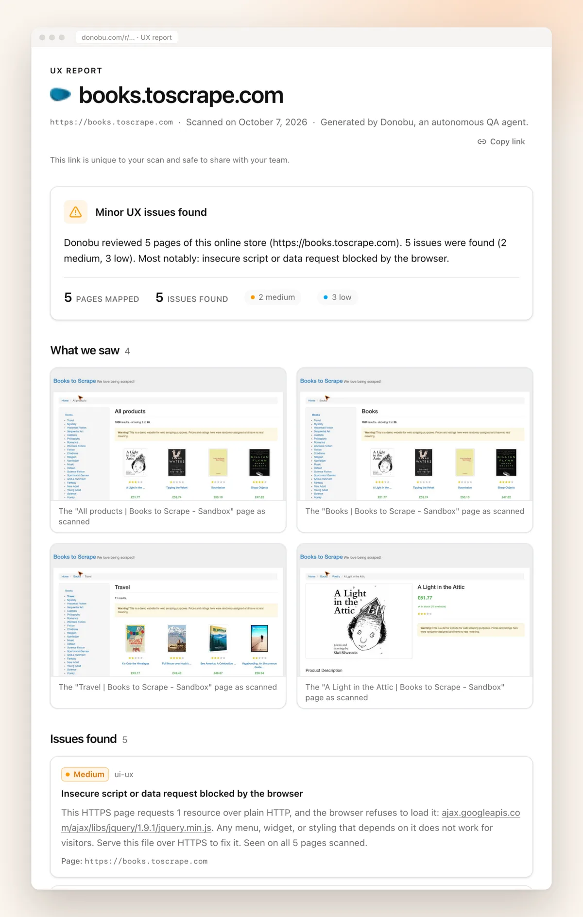 A Donobu UX report for books.toscrape.com: 5 pages mapped, 5 issues found, screenshots of each page as scanned, and the first issue with its fix