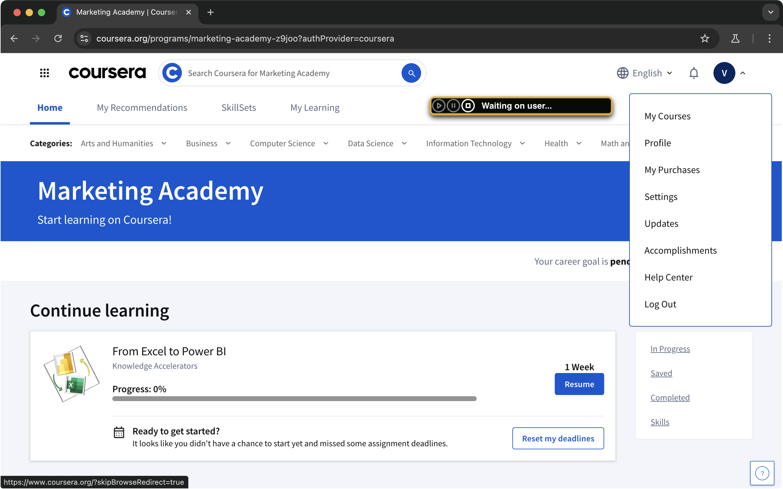 screenshot of website's logged in page