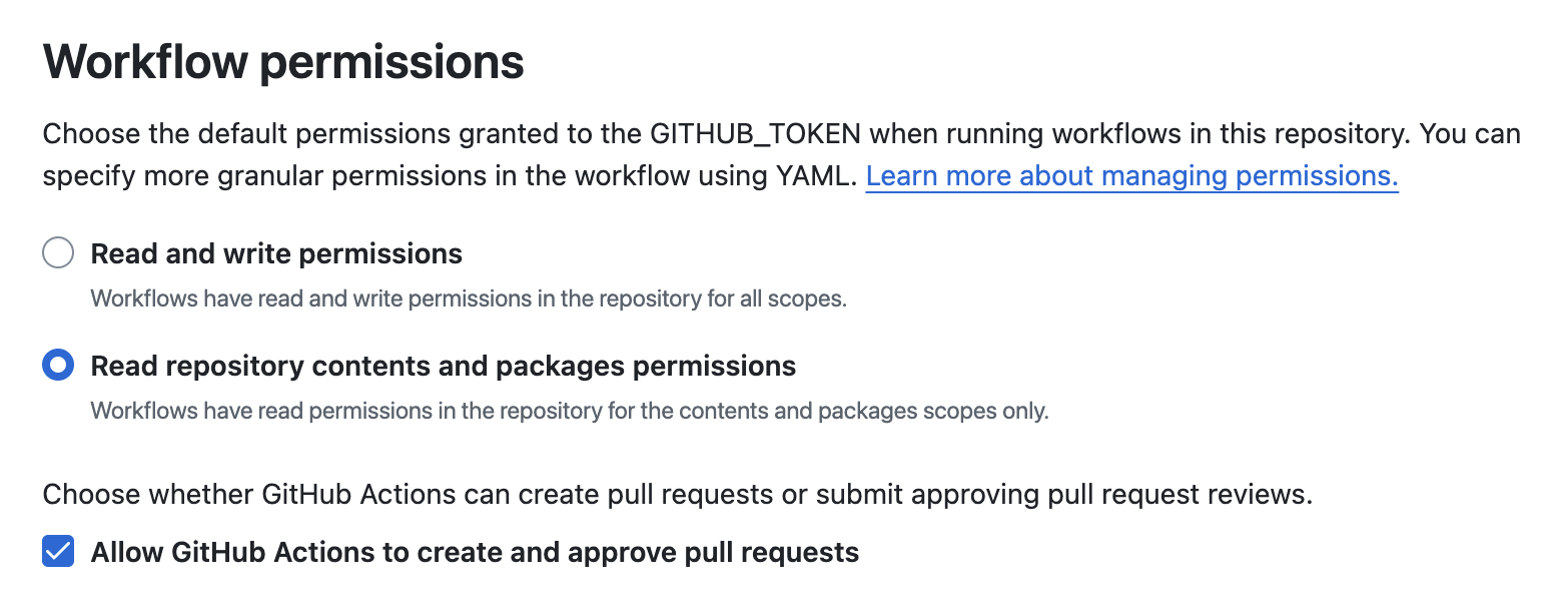 "Workflow permissions" section of Actions settings, showing "Allow GitHub Actions to create and approve pull requests" selected