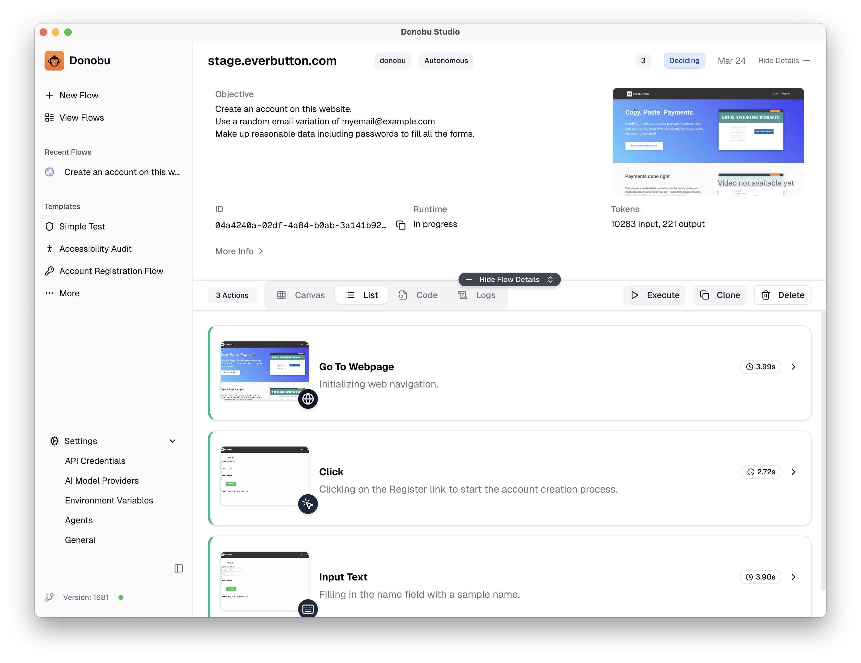 SCREENSHOT: Donobu Studio flow details screen, showing a flow executing