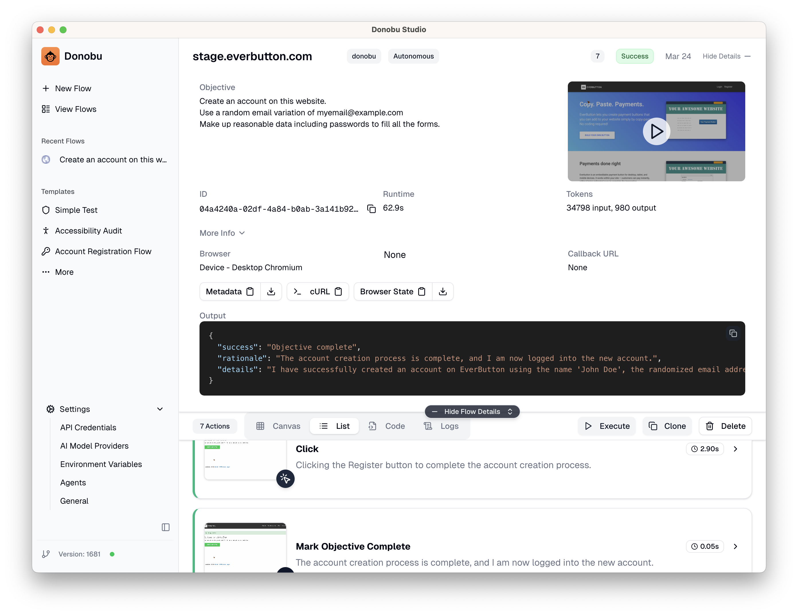 SCREENSHOT: Flow detail screen showing more info and step-by-step timeline with screenshots