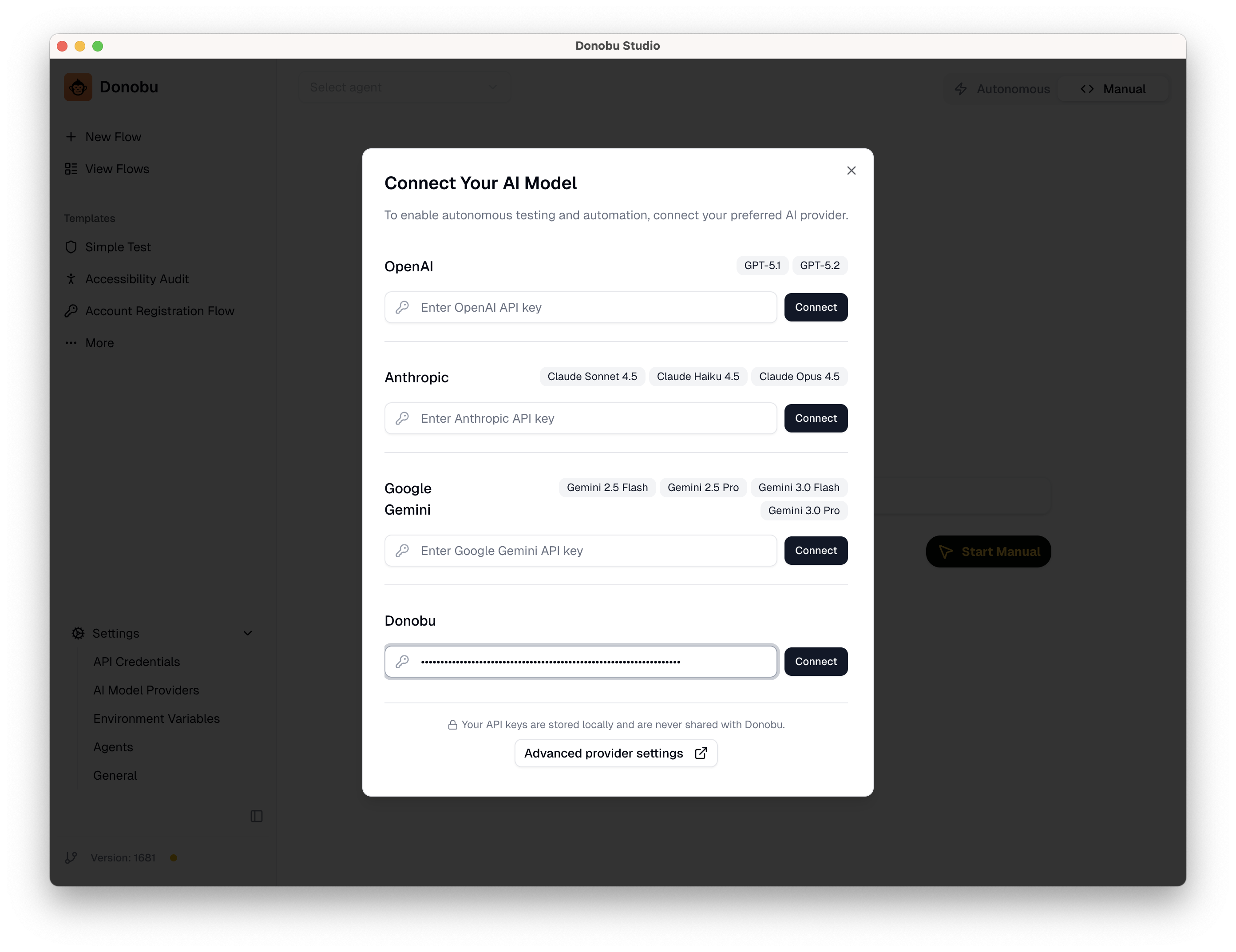 SCREENSHOT: "Conect Your AI Model" settings screen, showing adding a Donobu API key