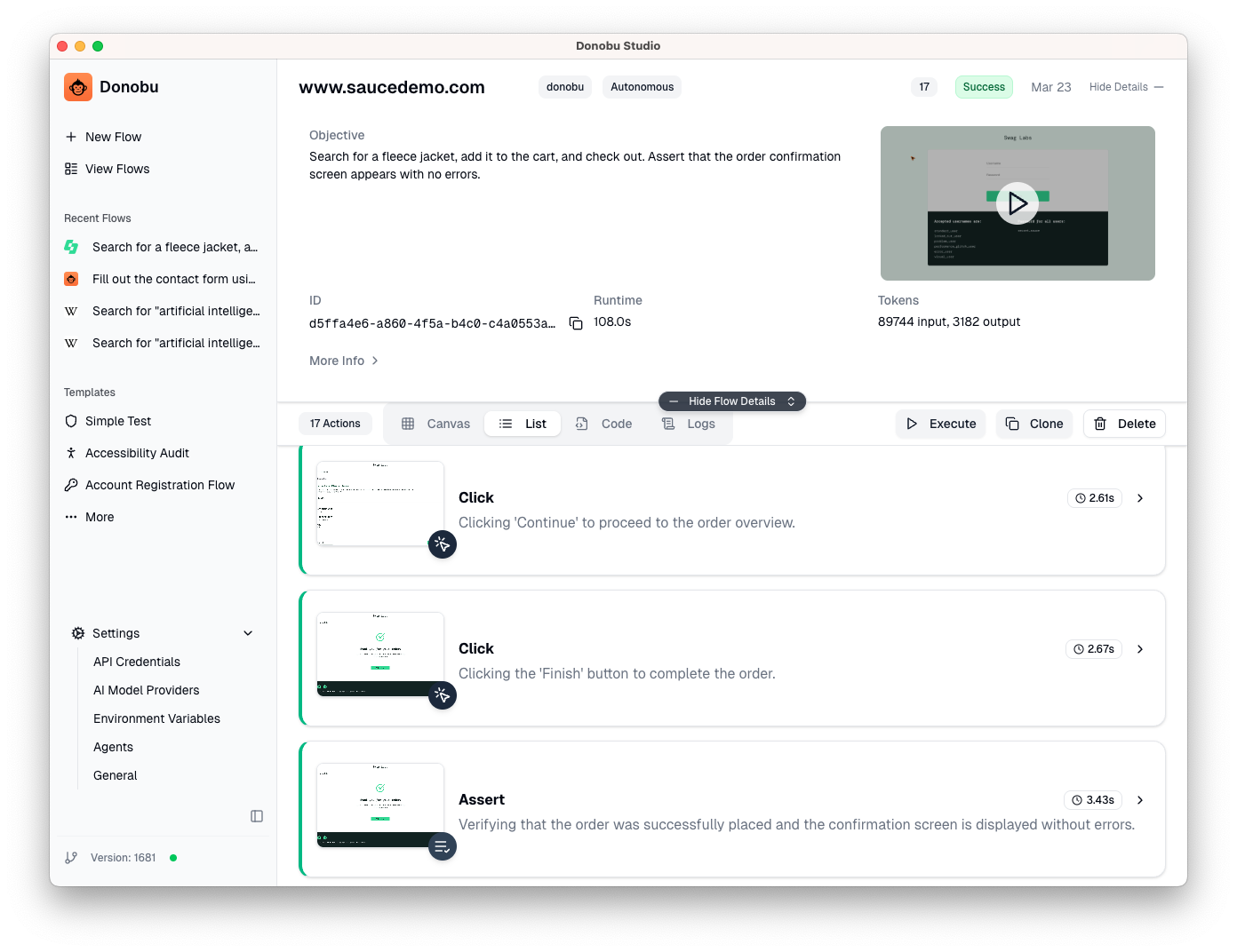 SCREENSHOT: Completed multi-page flow timeline showing navigation across product browse, cart, and checkout pages