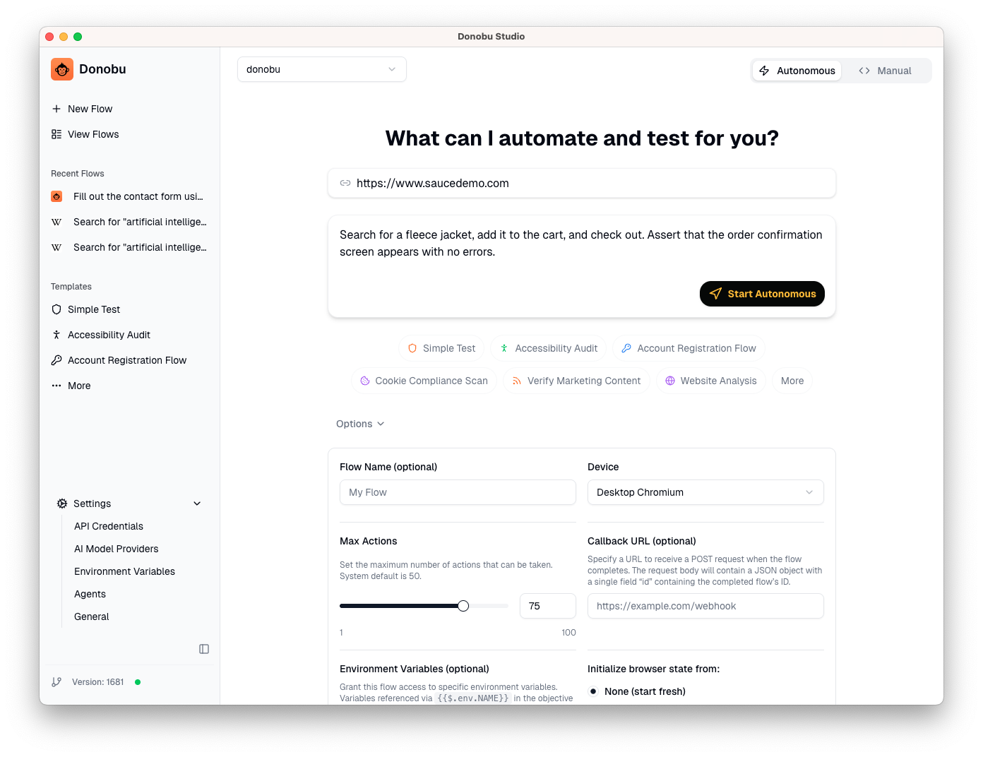 SCREENSHOT: New Flow screen with the e-commerce objective and max tool calls set to 75