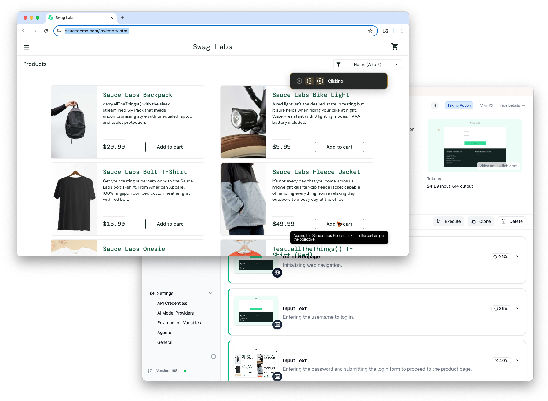 SCREENSHOT: Flow in progress showing multiple steps across different pages, with the timeline updating